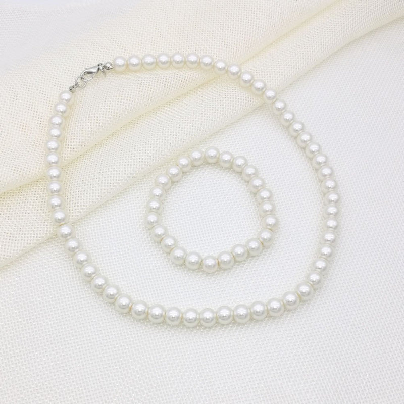 [Australia] - JSEA 8mm Faux Pearl Necklace Elastic Bracelet Jewelry Set Beige White Pink Fake Pearl Jewelry 