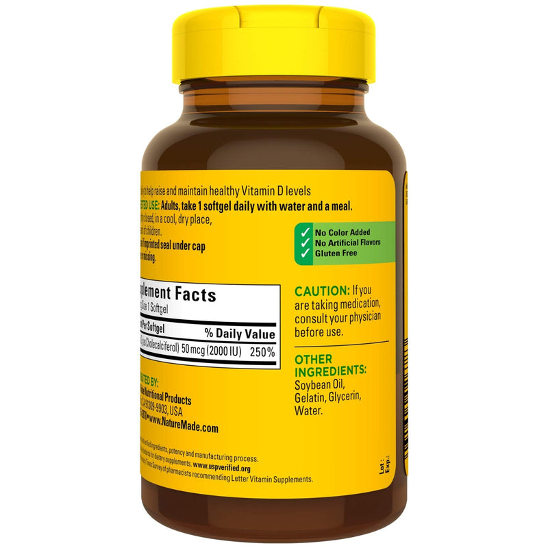 [Australia] - Nature Made Vitamin D3, 250 Softgels, Vitamin D 2000 IU (50 mcg) Helps Support Immune Health, Strong Bones and Teeth, & Muscle Function, 250% of the Daily Value for Vitamin D in One Daily Softgel 250 Count (Pack of 1) 