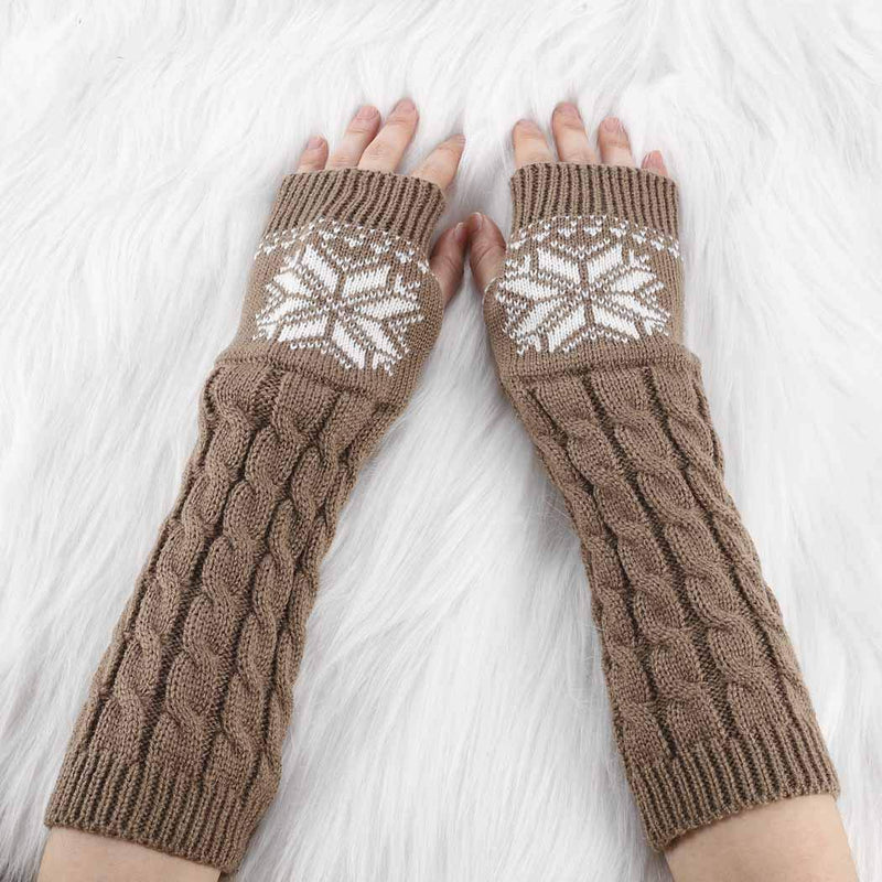 [Australia] - Urieo Winter Arms Warmers Khaki Acrylic Fibres Knit Warm Thumb Hole Gloves Mittens Decorative Pattern Cozy Long Fingerless Gloves for Women and Girls 