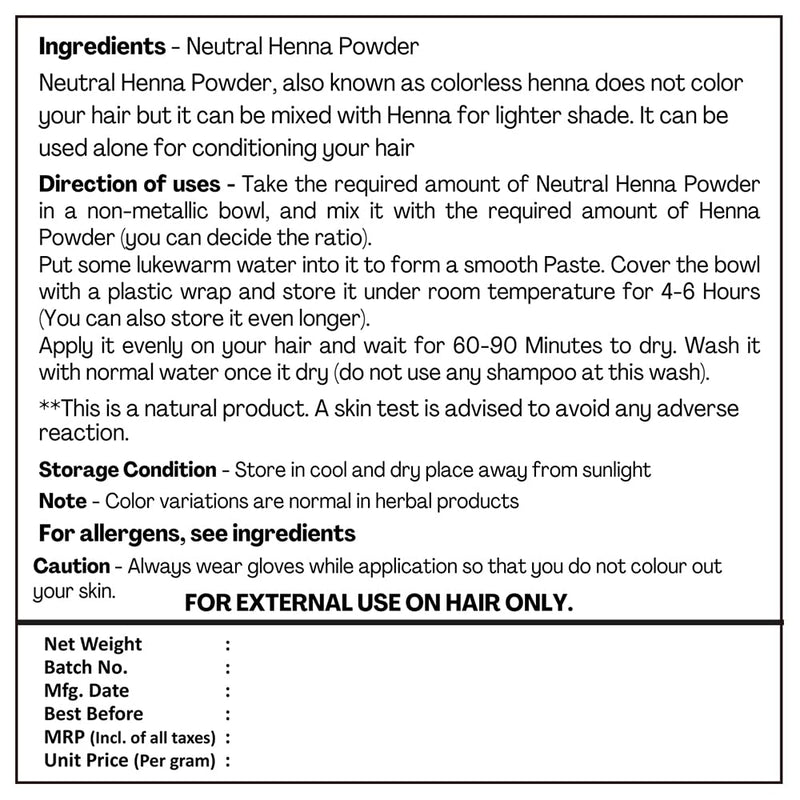 [Australia] - H&C Neutral Henna Powder /Colorless Henna / Cassia Powder (Cassia Obovata) - 227G (1/2 Lb) | For Conditioning Your Hair Without Coloring. 