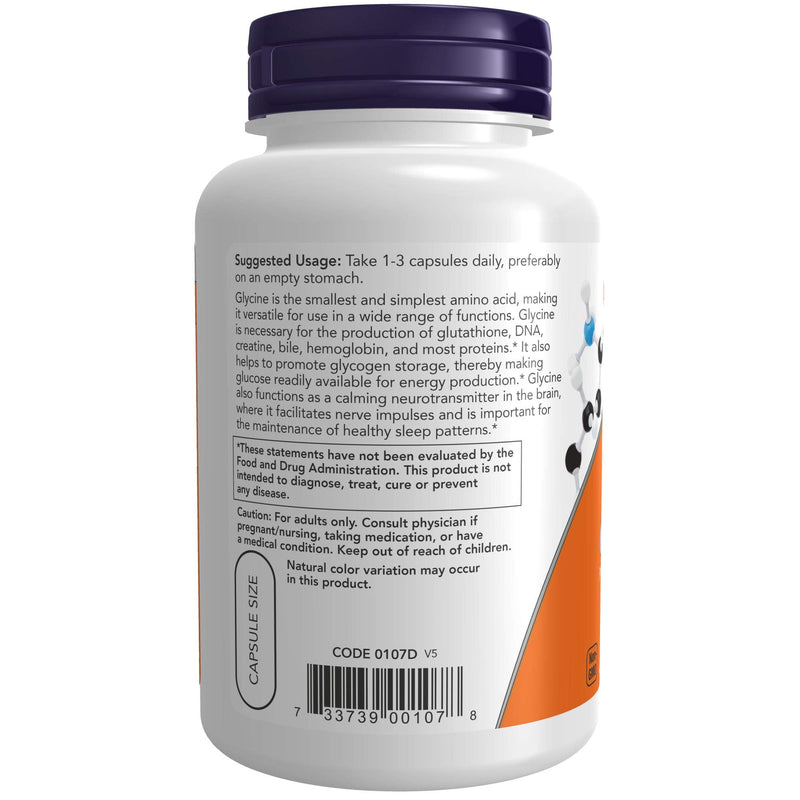 [Australia] - NOW Supplements, Glycine 1,000 mg Free-Form, Neurotransmitter Support*, 100 Veg Capsules 100 Count (Pack of 1) 