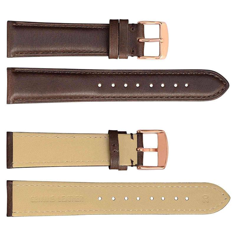 [Australia] - WOCCI Retro Leather Watch Strap, Polish Rose Gold Buckle, Replacement Band 14mm 16mm 18mm 19mm 20mm 21mm 22mm 20mm - 25/32" Dark Brown / Tone on Tone Stitch 