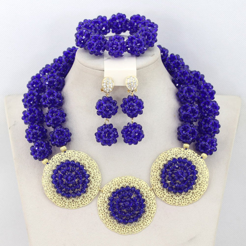 [Australia] - Africanbeads 2 Rows Crysatl Ball African Beads Jewelry Set,Nigerian Bridal Jewelry Set,African Wedding Jewelry Set Royal Blue 