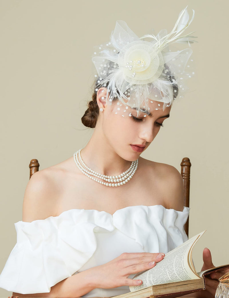 [Australia] - ArtiDeco Mesh Feather Fascinator Flower Hair Clip Fascinators Hat Bridal Headpiece 1920s Flapper Accessories (Beige) 