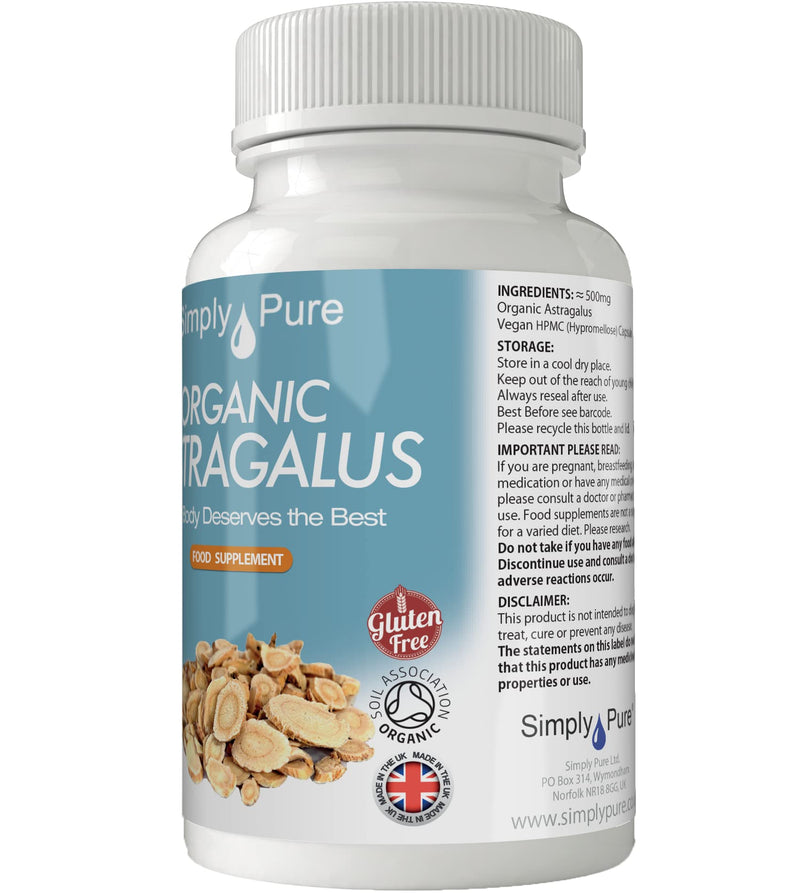 [Australia] - Simply Pure Organic Astragalus Capsules x 90, 500mg, 100% Natural Soil Association Certified, Gluten Free, GM Free and Vegan. 