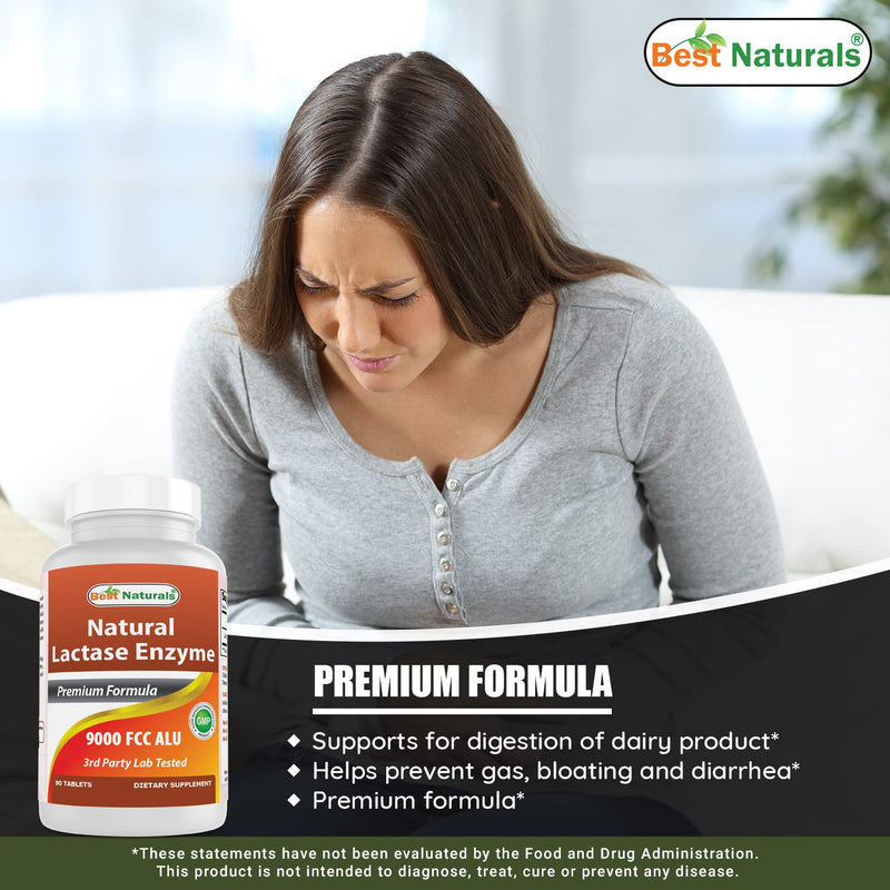 [Australia] - Best Naturals Lactose Intolerance Relief Tablets with Natural Lactase Enzyme, Fast Acting High Potency Lactase, 9000 FCC ALU, 90 Count 