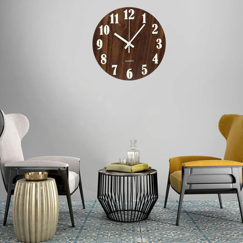 [Australia] - Topkey 12 Inch Luminous Wall Clock Silent Wooden Design Night Lights Round Wall Clock for Living Room and Bedroom (Battery Not Included) - Brown 