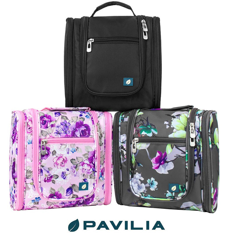 [Australia] - PAVILIA Hanging Travel Toiletry Bag Women Men | Cosmetics Makeup Organizer Kit Floral Grey 