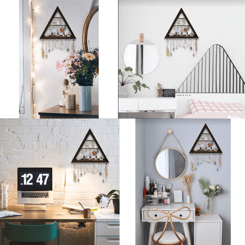 [Australia] - Jewelry Organizer Wall Mounted, Rustic Hanging Earring Holder - Stylish Triangle Wooden Jewelry Display with Hooks for Rings, Earrings, Necklace and Accessories Brown 