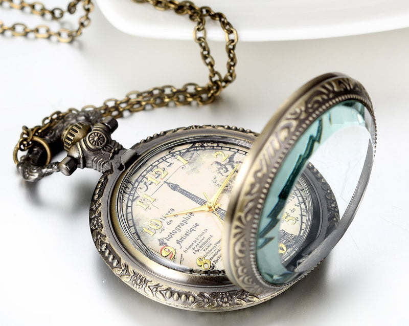 [Australia] - JewelryWe Retro Vintage Bronze Eiffel Tower Roman Numbers Quartz Pocket Watch Necklace Pendant Long 30.9 Inch Chain Birthday Gift (with Gift Bag) 