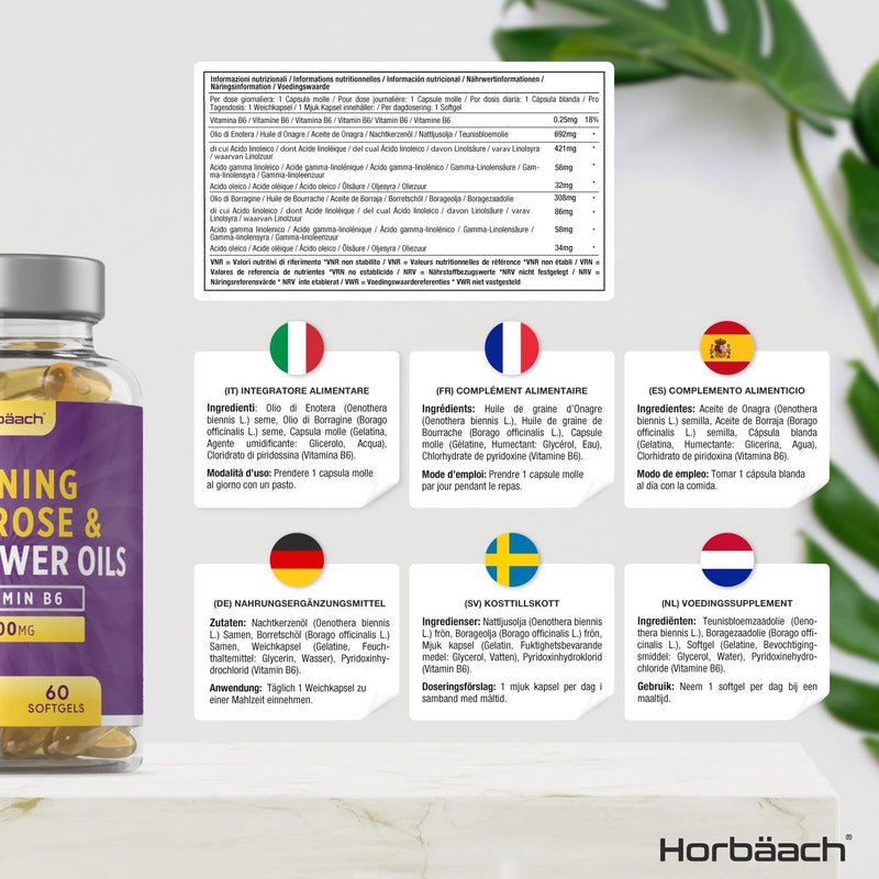 [Australia] - Evening Primrose and Starflower Oil Capsules 1000mg | with Vitamin B6 | 60 Softgels | Rich Source of Omega 6 Fatty Acids | by Horbaach 