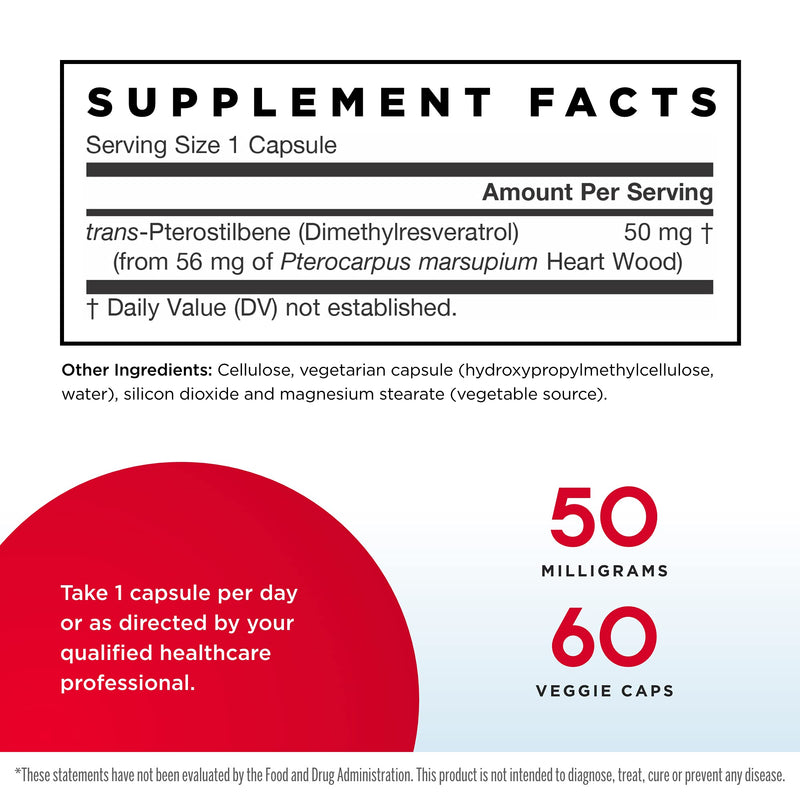 [Australia] - Jarrow Formulas Pterostilbene 50 mg - 60 Veggie Caps - Antioxidant Support - Supports Healthy Aging - Calorie-Restriction Mimetic - 60 Servings 60 Count (Pack of 1) 