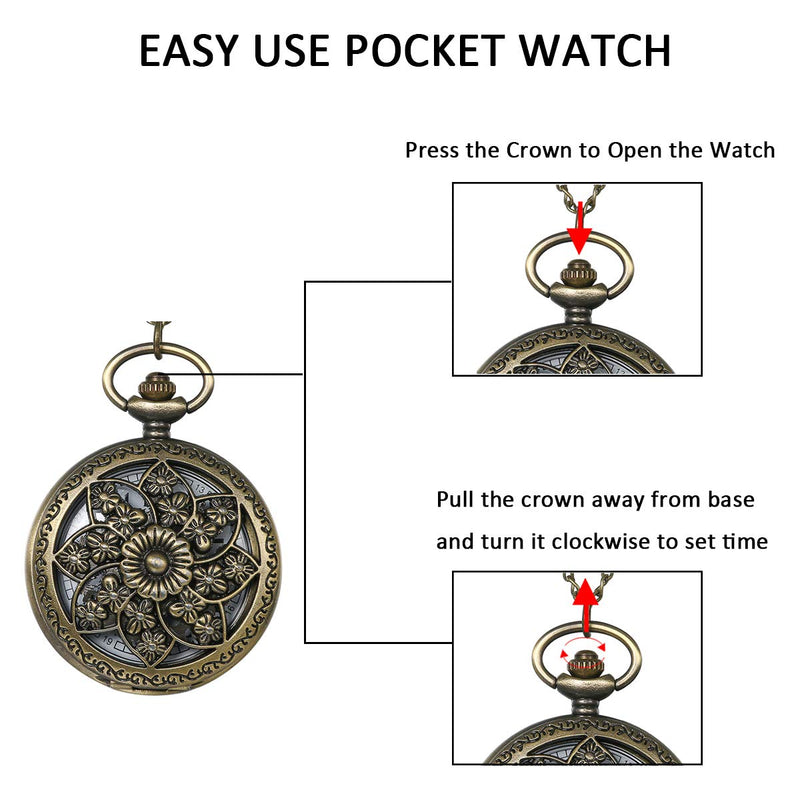 [Australia] - JewelryWe Retro Bronze Flower Openwork Cover Quartz Pocket Watch with 32.3 Inch Chain 