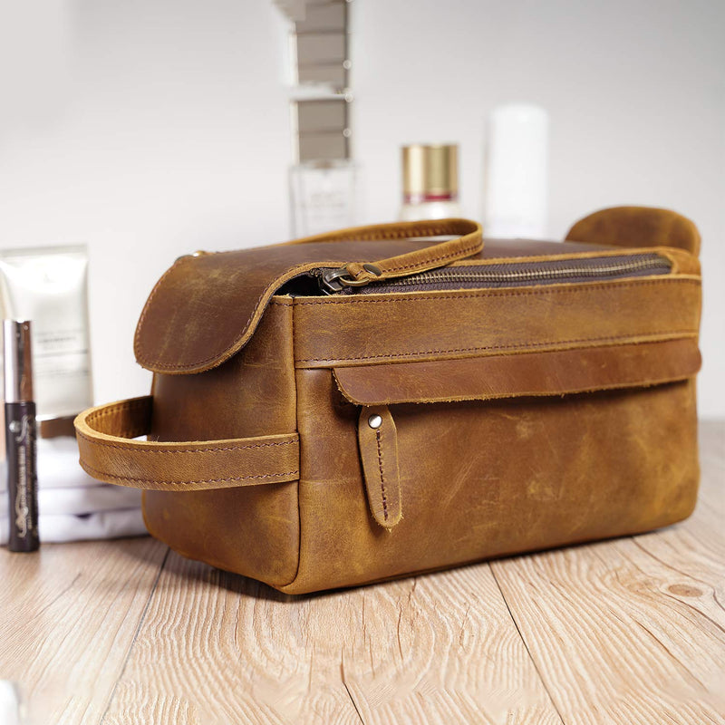 [Australia] - Polare Full Grain Leather Toiletry Bag Shaving Bag for Men - Dopp Kit Organizer for Travel 