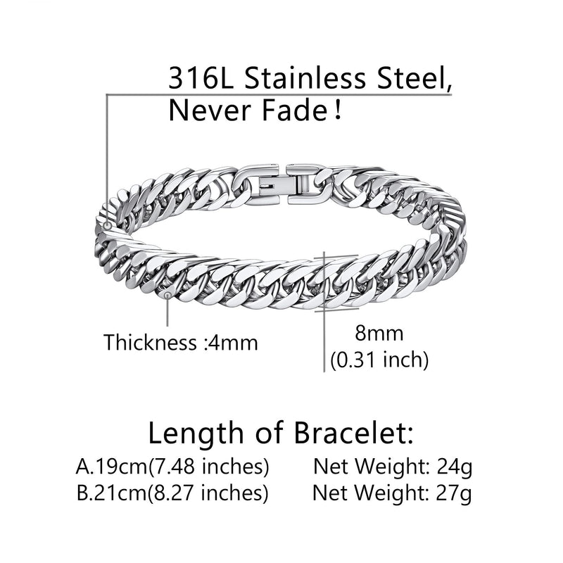 [Australia] - Richsteel Stainless Steel/Gold/Black Plated Link Chain Bracelet for Men 8/12/17mm Width, 7.4/8.2/9 Inch Length Classic Jewelry(Gift Wrapped) 7.4 Inches 01-Steel 8mm Width 