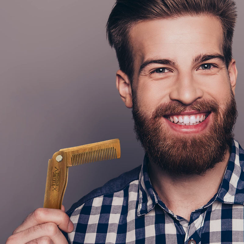 [Australia] - Folding Beard Comb w/Carrying Pouch for Men - All Natural Wooden Beard Comb w/Gift Box - Green Sandalwood Comb for Grooming & Combing Hair, Beards and Mustaches by Viking Revolution 