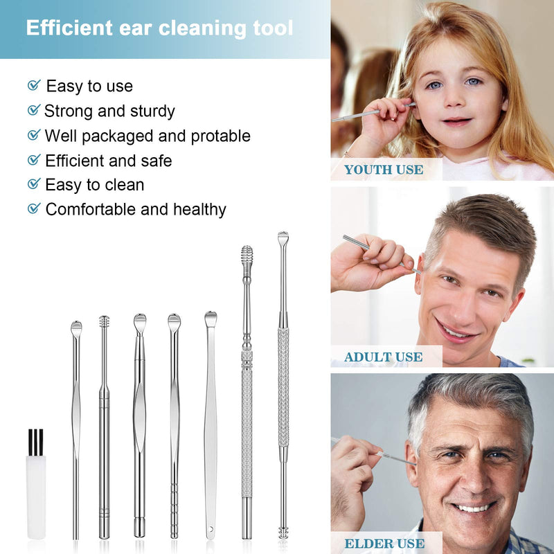 [Australia] - 8Pcs Ear Pick Ear Wax Removal Kit, Earwax Removal Tool, Ear Cleansing Set, Ear Curette Ear Wax Remover Tools with a Cleaning Brush and Storage Box, Medical Grade, for Ear Adult and Kid, Silver 