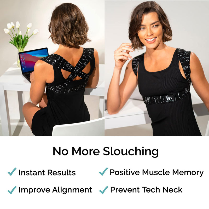 [Australia] - BackEmbrace Posture Corrector for Women & Men - Made in USA - Slim & Adjustable Shoulder Brace - Back Brace for Back Pain Relief - Black Drizzle XS/S Black and White 