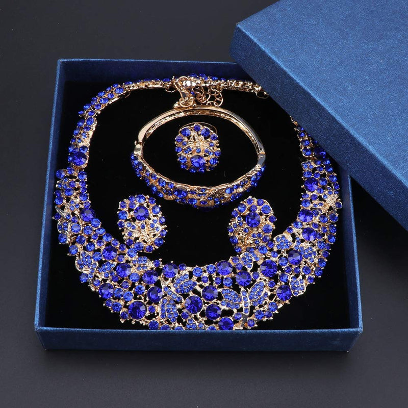 [Australia] - OUHE Jewelry Sets for Women Crystal Inlay Necklace Earrings Ring Bracelet Bridesmaid Costume Show Wedding Gold Blue 