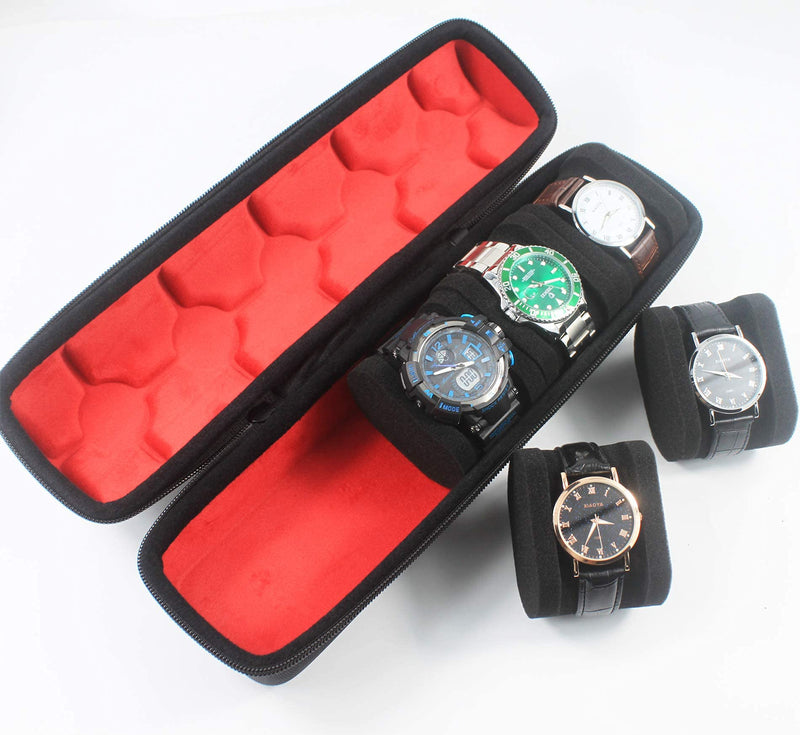 [Australia] - 5 Slots Portable Watch roll Travel case Holder and Organizer(fit up to 55mm) with Separation Pillow, Keep Watch from Moving(Deluxe red Lining) 