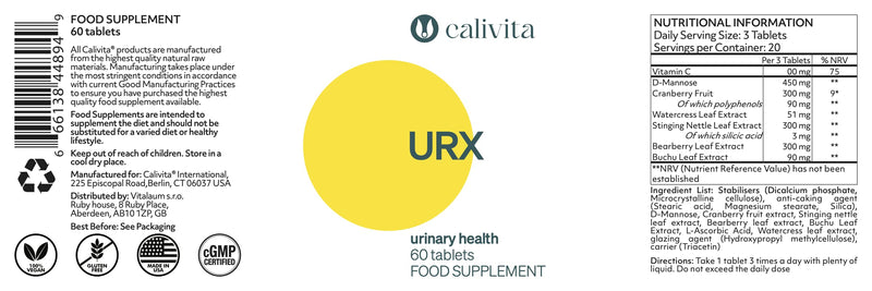 [Australia] - URX - UTI Treatment - D Mannose & Cranberry Cystitis Supplement Tablets - Instant Relief Against Urinary Tract Infections, Bladder Solution for Women and Men - With Vitamin C & Herbs - 60 Tablets By CaliVita 
