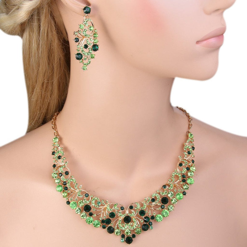 [Australia] - EVER FAITH Gold-Tone Austrian Crystal Gorgeous Butterfly Floral Vine Necklace Earrings Set Green Gold-Tone 