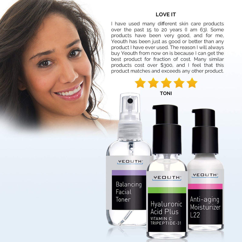 [Australia] - Best Anti Aging 3 Pack Skin Care System by YEOUTH, Professional Grade Hyaluronic Acid Serum, Patented L22 Face Moisturizer, and Balancing Face Toner - Anti Aging Serum Kit 