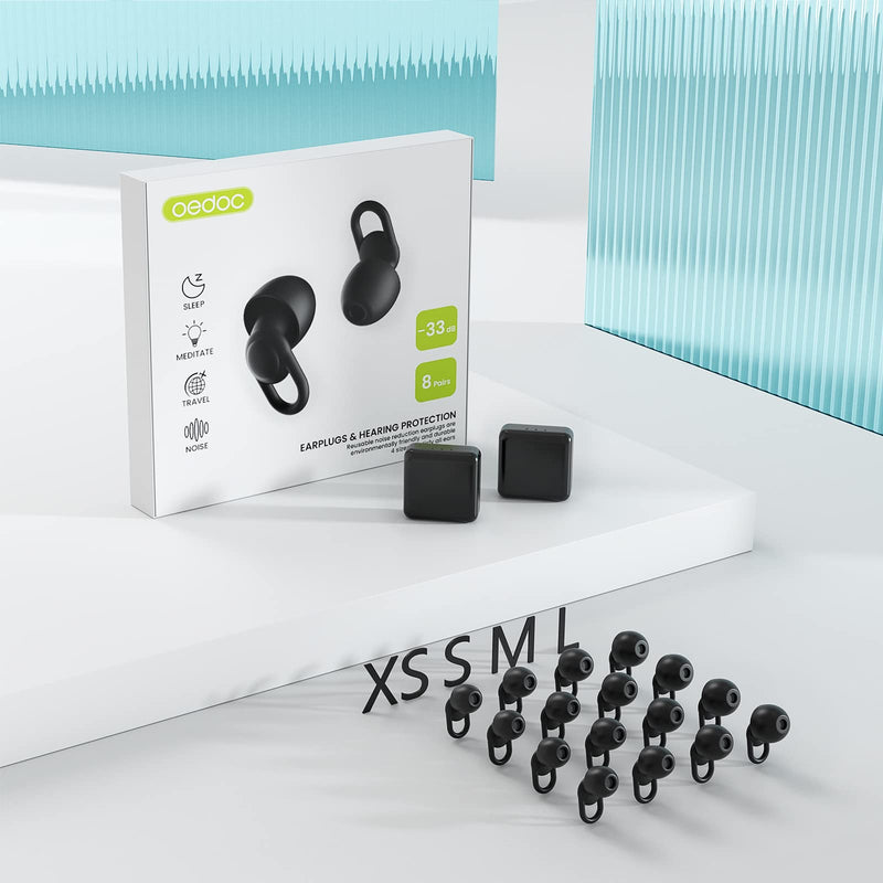 [Australia] - Silicone Ear Plugs for Noise Reduction - Reusable Soft Comfortable Earplugs for Sleeping,Noise Sensitivity & Flights -16 Ear Tips in XS/S/M/L, with 2 Travel Boxes - 33dB Noise Cancelling (Black) Black 