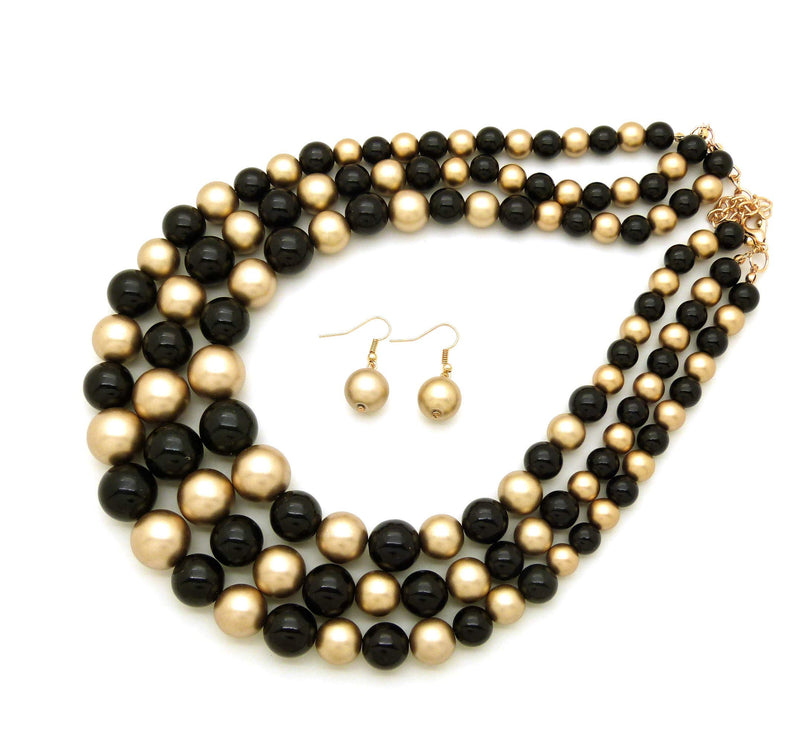 [Australia] - Women's Simulated Faux Three Multi-Strand Pearl Statement Necklace and Earrings Set Black + Gold 