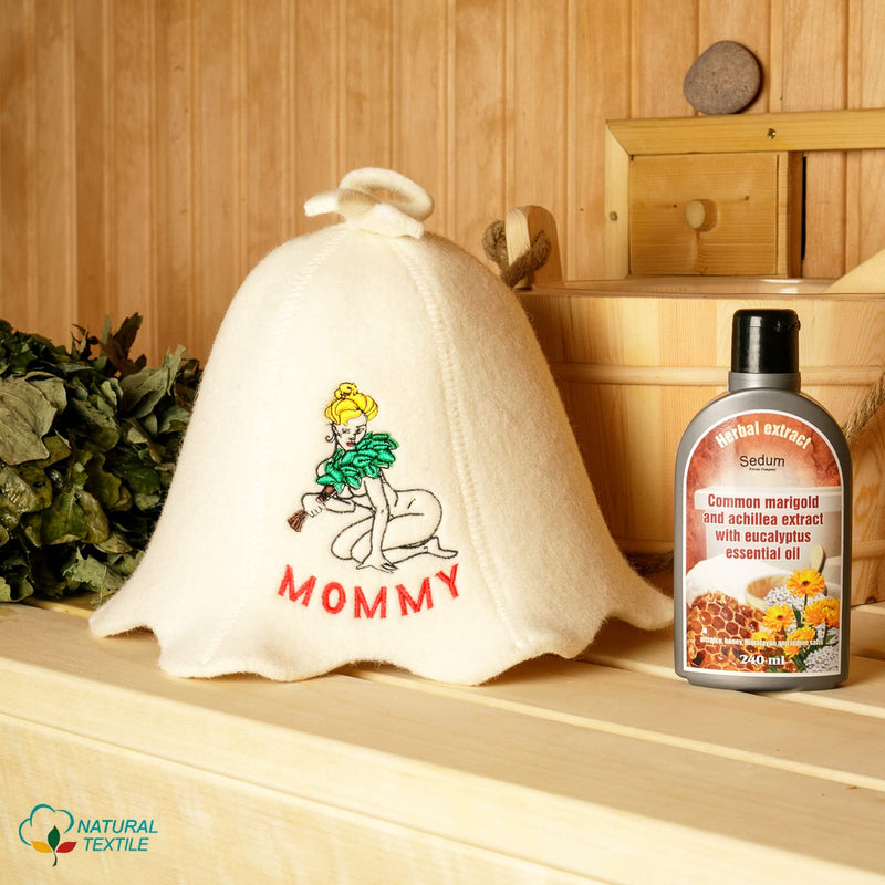 [Australia] - Natural Textile Sauna Hat 'Sauna Mommy' White - 100% Organic Wool Felt Hats for Russian Banya - Protect Your Head from Heat - English Sauna eBook Guide Included - with Embroidery 