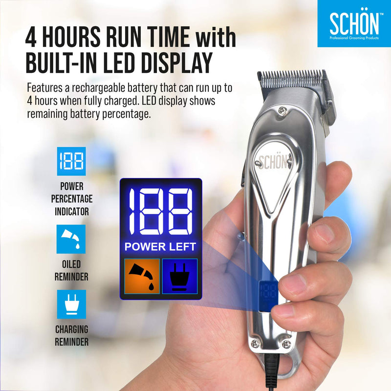 [Australia] - Schon Cordless Rechargeable Hair Clipper and Trimmer for Men, Women, Children - Solid Stainless Steel Electric Buzzer with Precision Blades, Hair Cutting Kit with 8 Color-Coded Guide Combs 