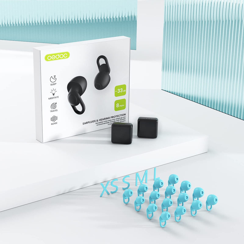 [Australia] - Silicone Ear Plugs for Noise Reduction - Reusable Soft Comfortable Earplugs for Sleeping,Noise Sensitivity & Flights -16 Ear Tips in XS/S/M/L, with 2 Travel Boxes - 33dB Noise Cancelling (Light Blue) Light Blue 