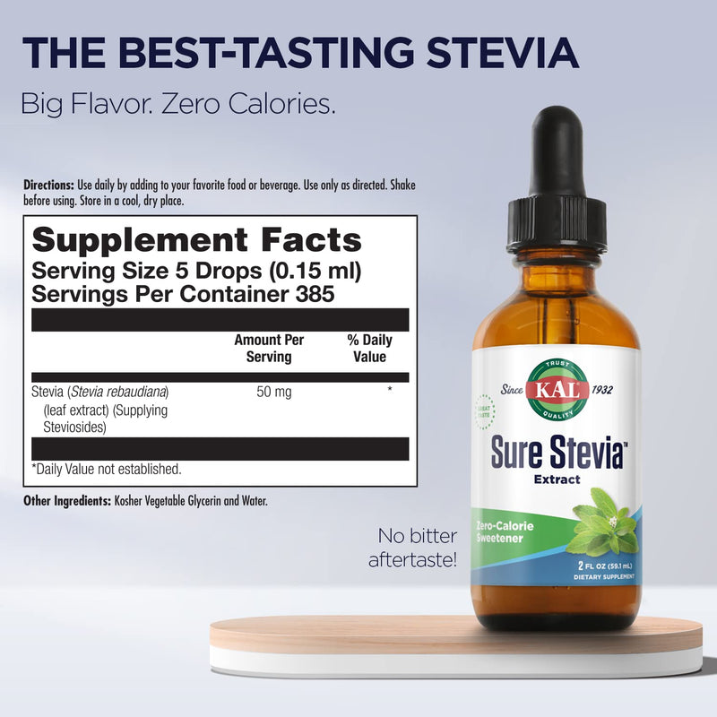 [Australia] - KAL Sure Stevia Liquid Extract 2 oz | Best-Tasting, Zero Calorie, Low Glycemic | For Baking & Adding to Beverages | 385 Servings 