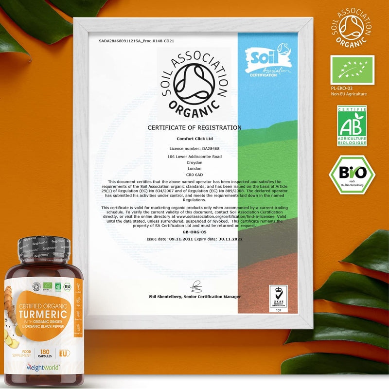 [Australia] - Organic Turmeric Ginger & Black Pepper Capsules 1520mg - 180 Vegan Capsules - with Active Curcumin - Soil Association Certified - 3 Month Supply - High Strength Turmeric & Black Pepper Supplement 