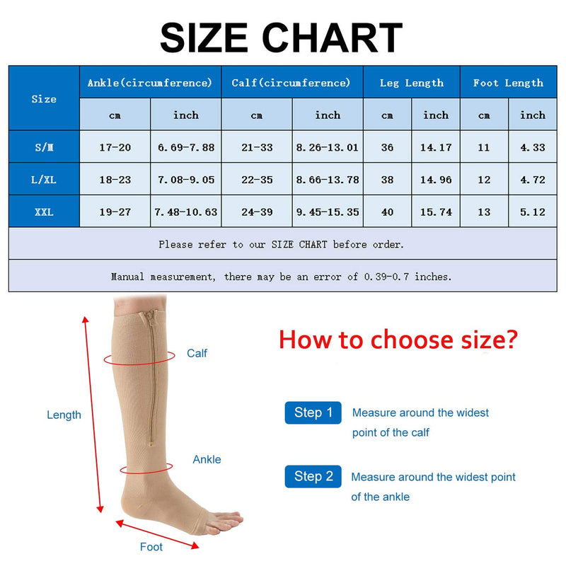 [Australia] - 3 Pairs Zipper Compression Socks Women with Open Toe Toeless Support Stockings Easy on Knee High Socks Large-X-Large Black&brown Skin&grey 