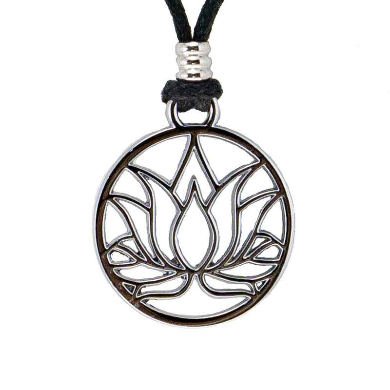 [Australia] - BlueRica Lotus Flower Pendant on Adjustable Black Rope Cord Necklace (Chrome Finish) 