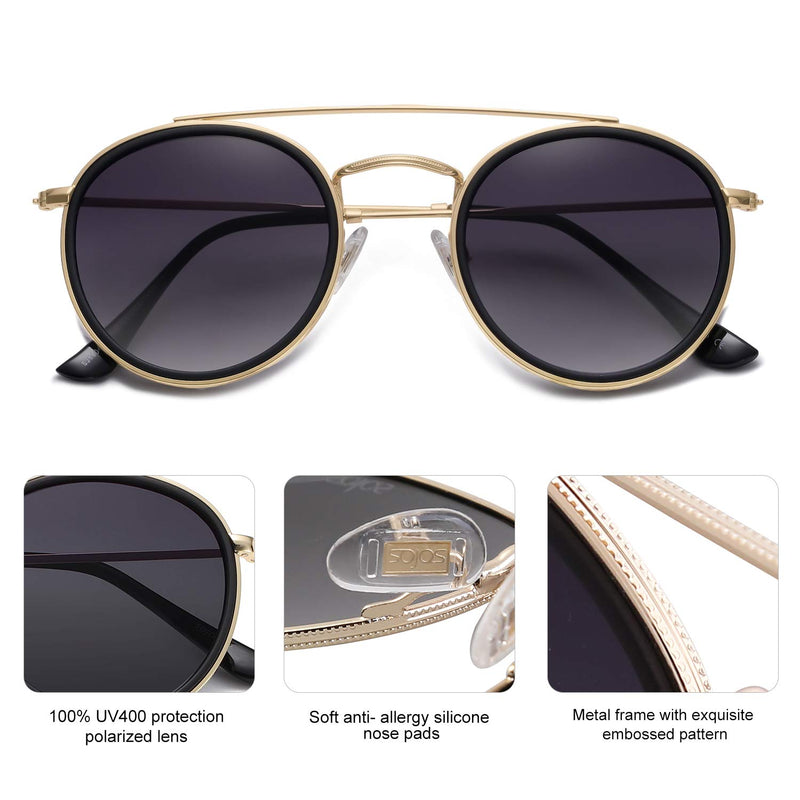 [Australia] - SOJOS Small Retro Round Polarized Sunglasses UV400 Double Bridge Sunnies SUNSET SJ1104 C7 Gold Frame/Matte Black Rim/Gradient Grey Lens 50 Millimeters 