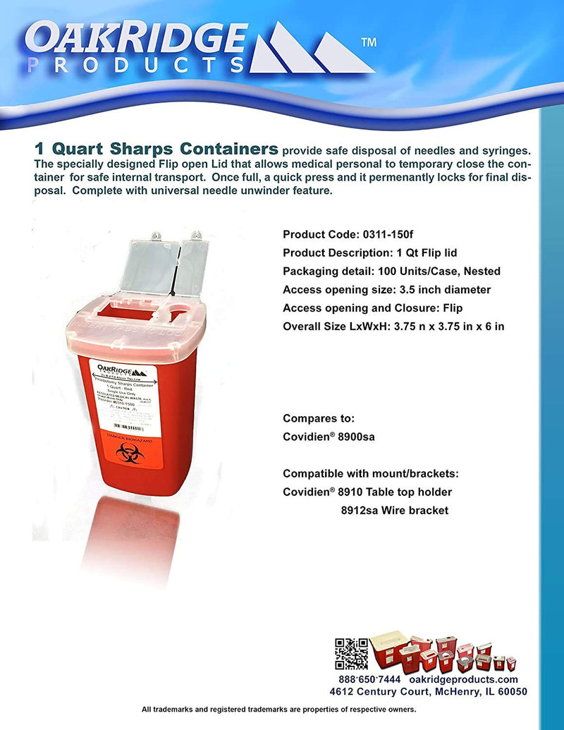 [Australia] - 1 Quart Size (Pack of 3) | Oakridge Products Sharps Container with Flip Lid | for Diabetics 