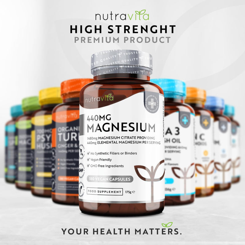 [Australia] - Super Strength 1480mg � 180 Vegan Magnesium Citrate Capsules not Magnesium Tablets � High Absorption, Premium Magnesium Supplements � 90 Days Supply � Made in The UK by Nutravita 