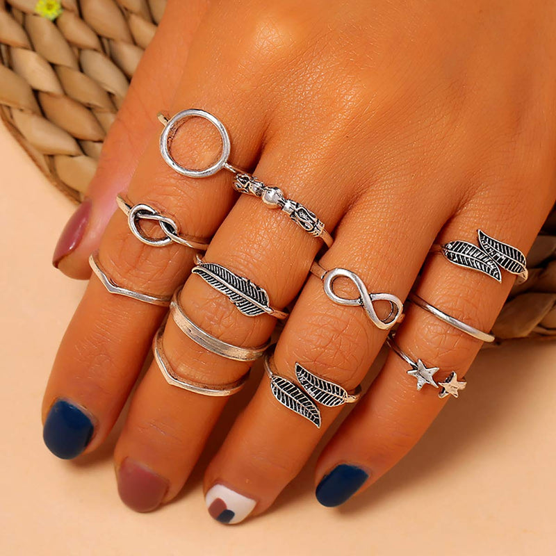 [Australia] - ZZ ZINFANDEL 12-20 Pcs Multiple Boho Silver Ring Set Star Moon Wave Feather Rings Stackable Knuckle Rings for Women Bohemian Midi Finger Rings Set for Teens Girls A:12pcs silver 