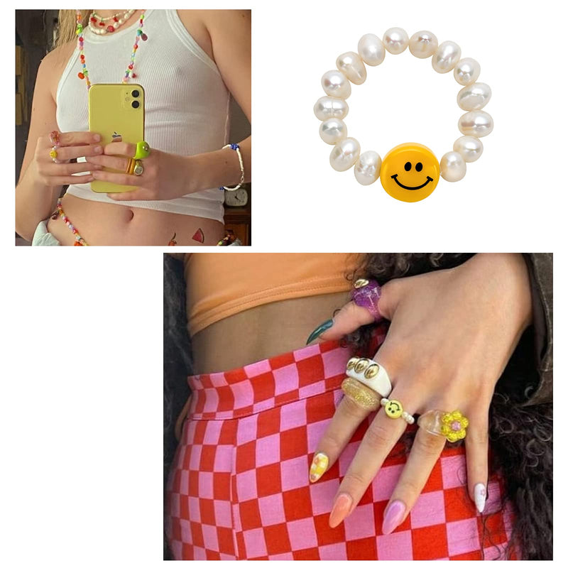 [Australia] - smiely face beaded pearl rings Irregular Pearl Cute Summer Y2K Handmade Stacked elastic ring for Teen Girls Women 