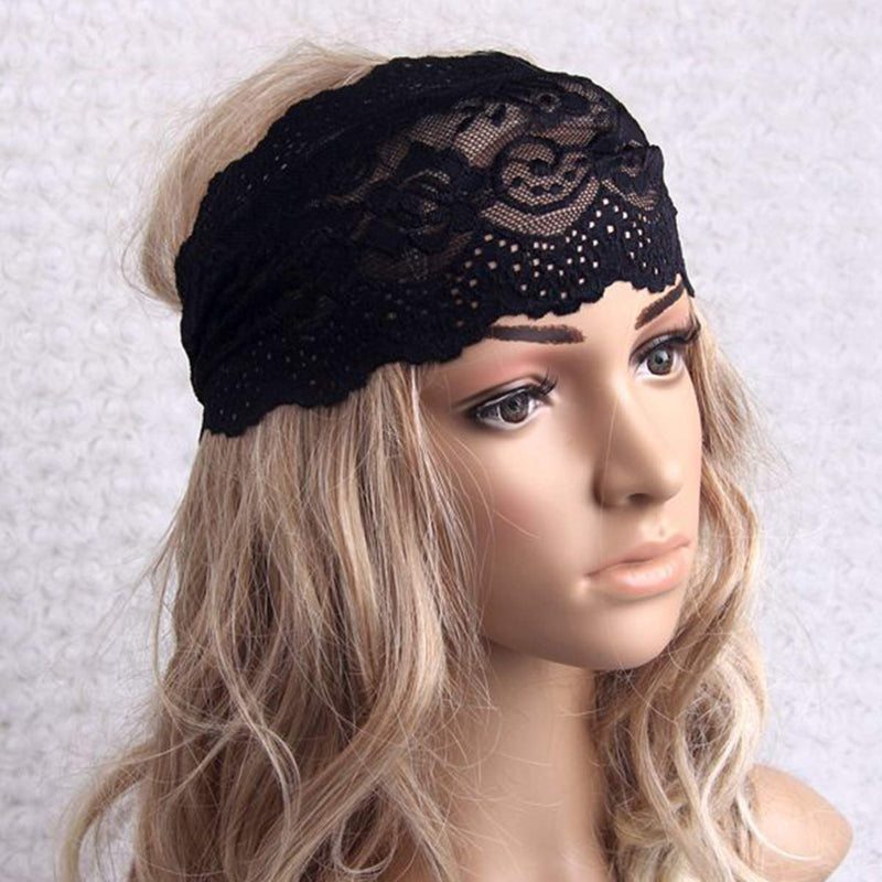 [Australia] - Beaupretty Elastic Bandana Hairband Lace Headband Vintage Headwrap Hair Accessories for Sports Yoga Daily Party (Black) Black 