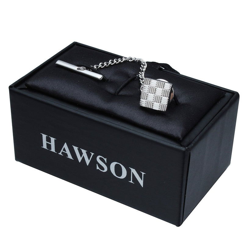 [Australia] - HAWSON Mens Square Tie Pins Ties Tack with Chains Check Tie Clips Silver Color 