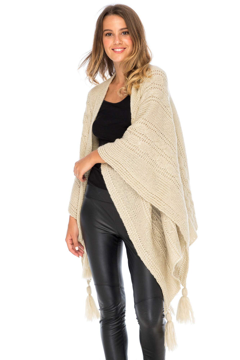 [Australia] - Back From Bali Womens Cable Knit Wrap Shawl Poncho Sweater Boho Long Soft Tassel Fringe Natural Silver 