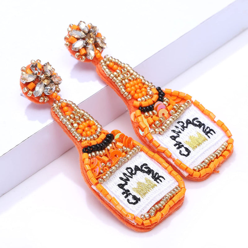 [Australia] - Beaded Champagne Bottle Earrings for Women Handmade Bead Champagne Drop Dangle Earring Statement Earring Studs for Birthday Holiday Parties Gifts Orange 