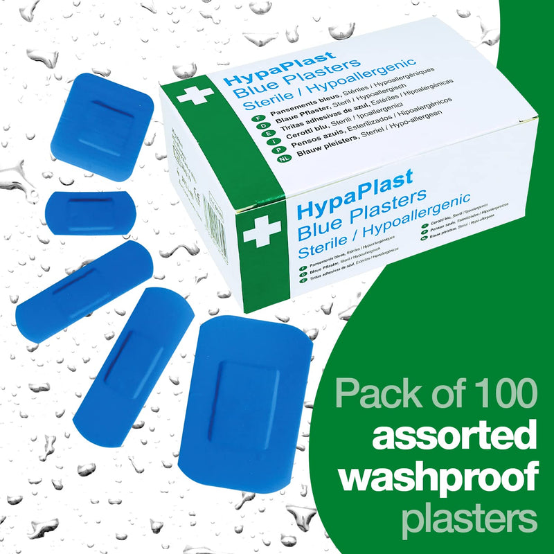[Australia] - Safety First Aid Group HypaPlast Blue Catering Plasters, Assorted (Pack of 100) Sterile Hypoallergenic Assorted (Pack of 100) Blue Visually Detectable 