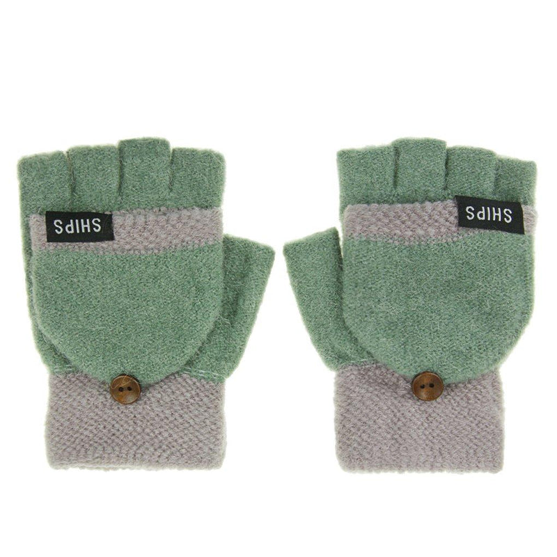 [Australia] - 2 in 1 Winter Warm Stretchy Knitted Half Finger Full-Finger Gloves Mittens Hand Warmer for Women Teen Girls Boys, Great Christmas New Year Birthday Gift Green 