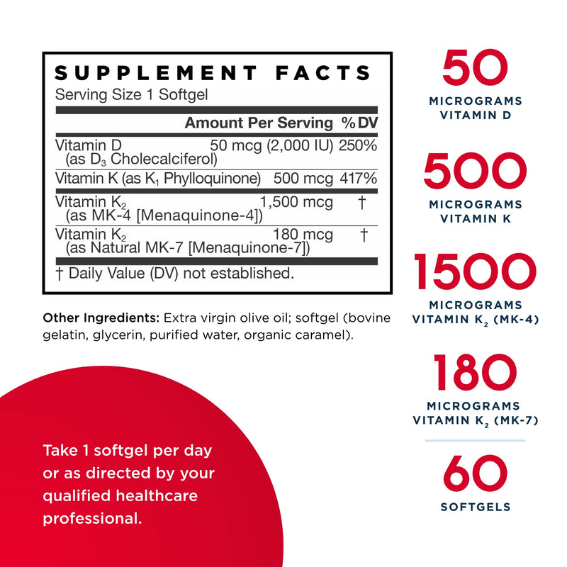 [Australia] - Jarrow Formulas K-Right - 60 Softgels - Bone & Cardiovascular Health Support - Contains Vitamin D3 & Three Forms of Vitamin K Including MK-7 - 60 Servings 