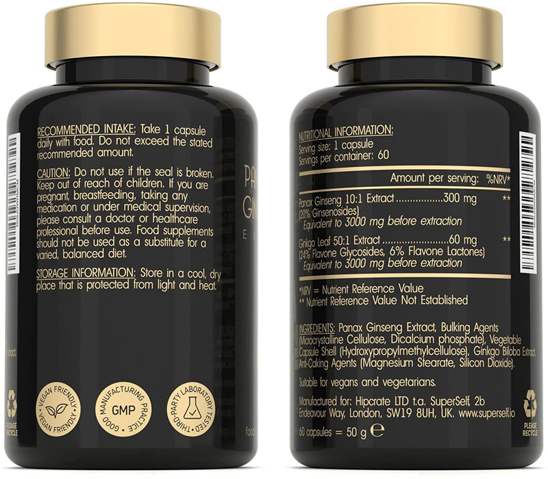 [Australia] - Korean Ginseng and Ginkgo Biloba Tablets 6000mg - Panax Ginseng Root Standardised 20% Ginsenosides 3000mg & Ginkgo 3000mg - High Strength 60 Capsules - Herbal Supplement for Men & Women - UK Made 