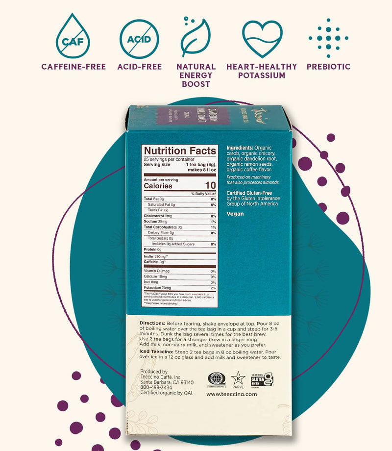 [Australia] - Teeccino Dandelion Tea – Dark Roast – Rich & Roasted Herbal Tea That’s Caffeine Free & Prebiotic with Detoxifying Dandelion Root, 25 Tea Bags 